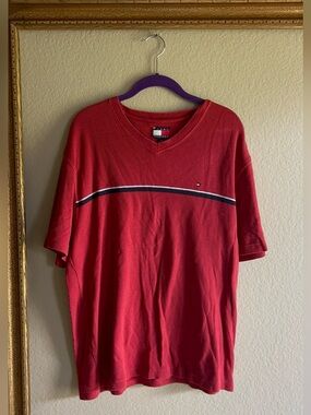 Vintage Tommy Hilfiger Red V-Neck Short Sleeve Tee with Navy & White Stripe